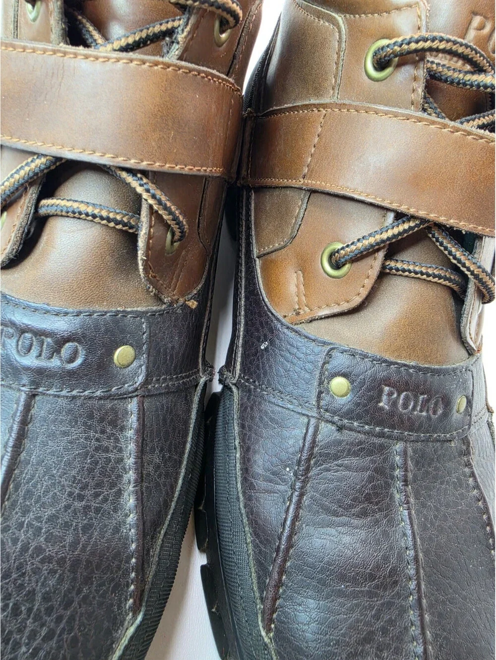 Polo Ralph Lauren Hardy II Brown Black Leather Duck Boots Shoes Mens Size 12 D